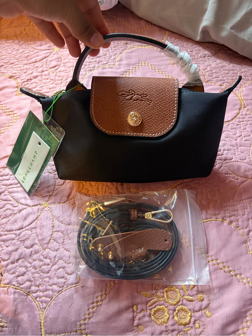 Women's Black Nylon Top-Handle Bag with Brown Leather Flap
